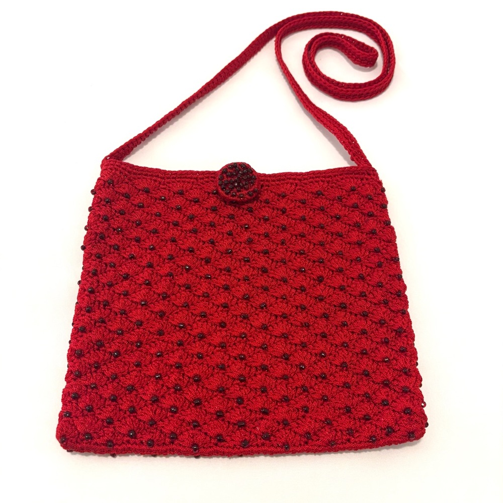 Vintage Red Beaded Crochet Shoulder Bag Purse Holiday Boho Granny Chic